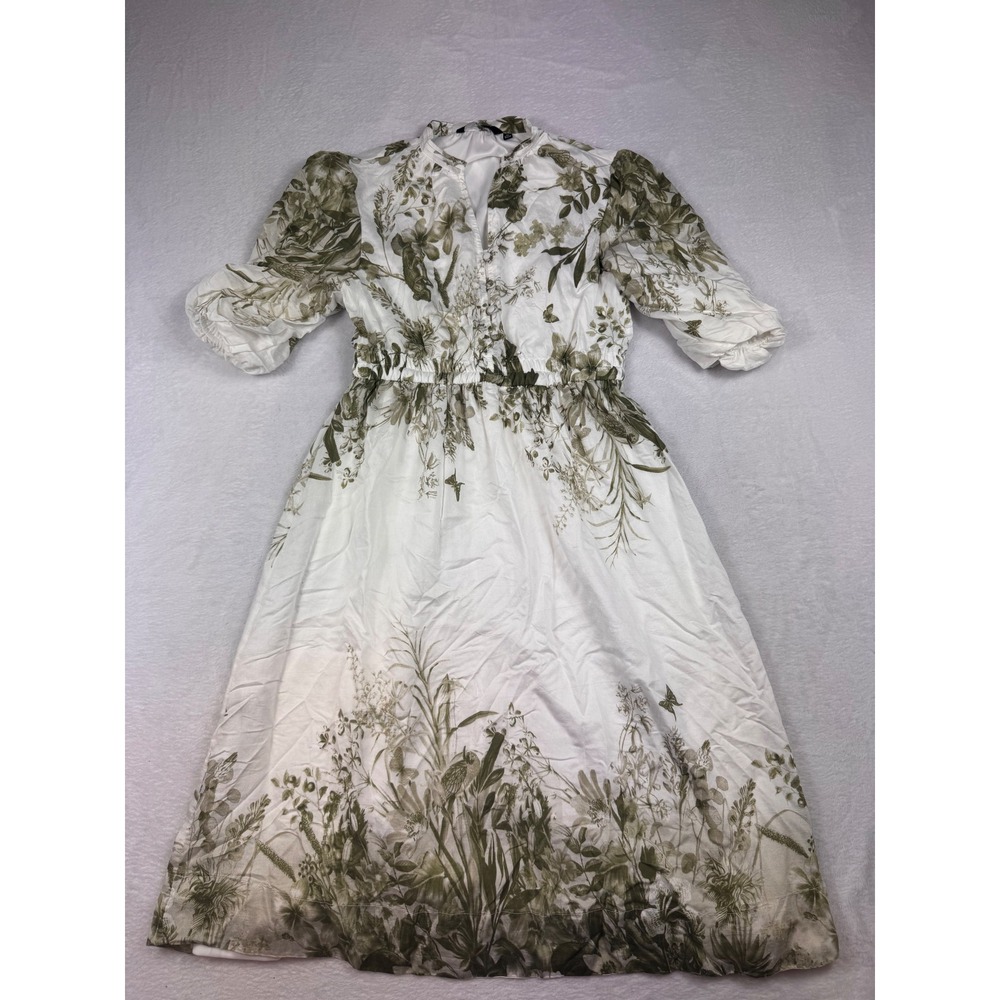 Fig Green White Floral Botanical Puff Sleeve Midi Dress Fairy Cottagecore M